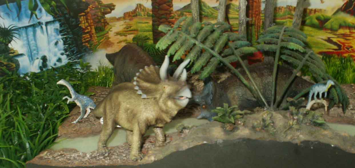 Schleich Replicasaurs upgraded the original Triceratops (front) the original in the back. Marx Struthiomimus custom painted by Fred Hinohosa. Hypsilophodon is a Retro Classic. 