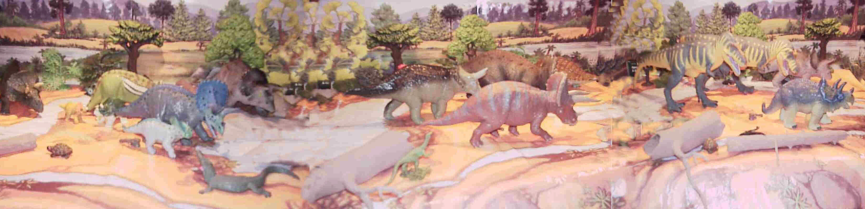 Triceratops is a popular and almost a required figure for a dinosaur line.  Starting from the left we a front half of a Schleich then a green Invicta  Triceratops., a Wild Safari adult and calf, further back a gray UKRD.  Then next a trio the older green  Carnegie Safari, a Bullyland and then a striped Battat Triceratops.  Then we have two different versions of the Battat Tyrannosaurus   Boston Museum figures.  The last Battat figure balanced by its tail  and the earlier figure with the tail raised.  Unfortunately the original more attractive and realistic figure tends to fall over.  An interim fix put snowshoe like bases on the feet but a three-point stance was eventually needed to keep the figure upright.  Last a PlayVision tric.