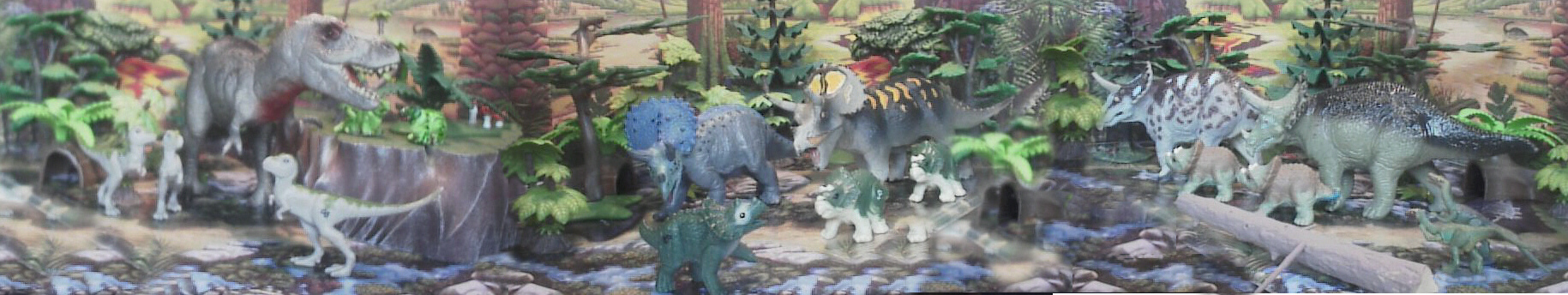From Right to left Kaiydo Tyrannosaurus, Toyway Ankylosaurus, Kaiyodo Triceratops, Schleich Edmontosaurus, Toyway Leaellynasaura, Tamiya Hypsilophodon, Two different Tamiya Triceratops.